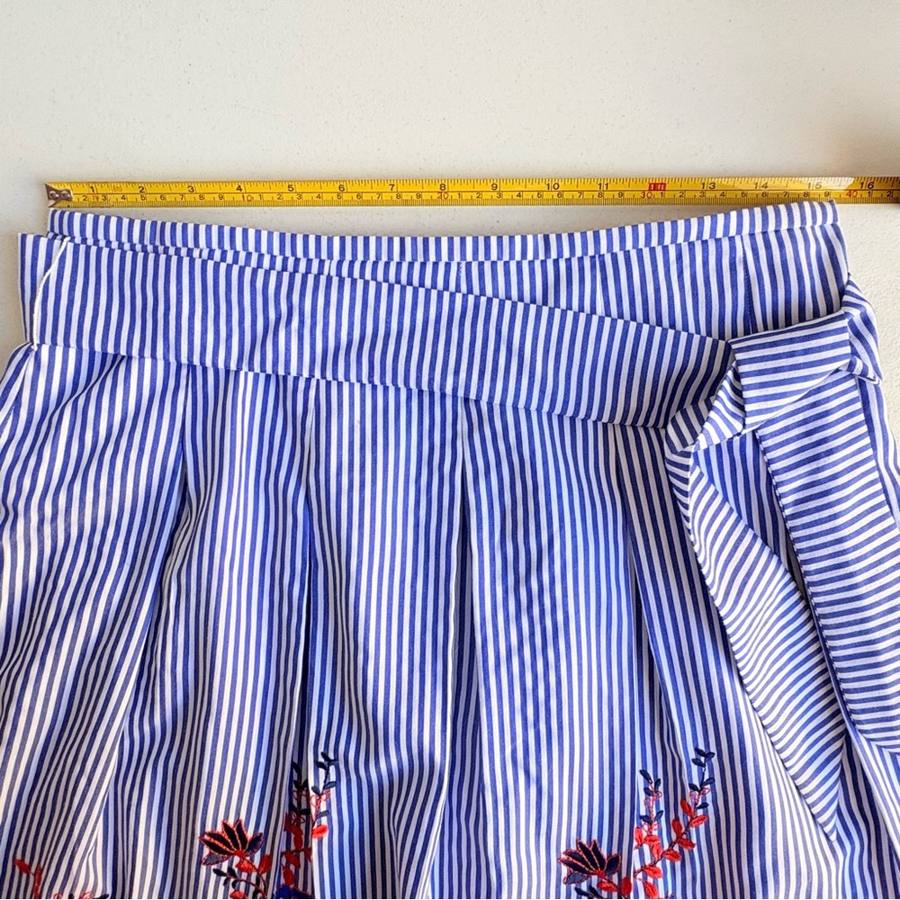 Nine West Blue White Striped & Floral Embroidered Skirt Size 6 Tie Waist A-Line - Picture 9 of 13